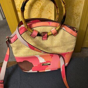 Trina Turk Rainbow Petals   straw satchel shoulder bag w bamboo handles  3 pocke